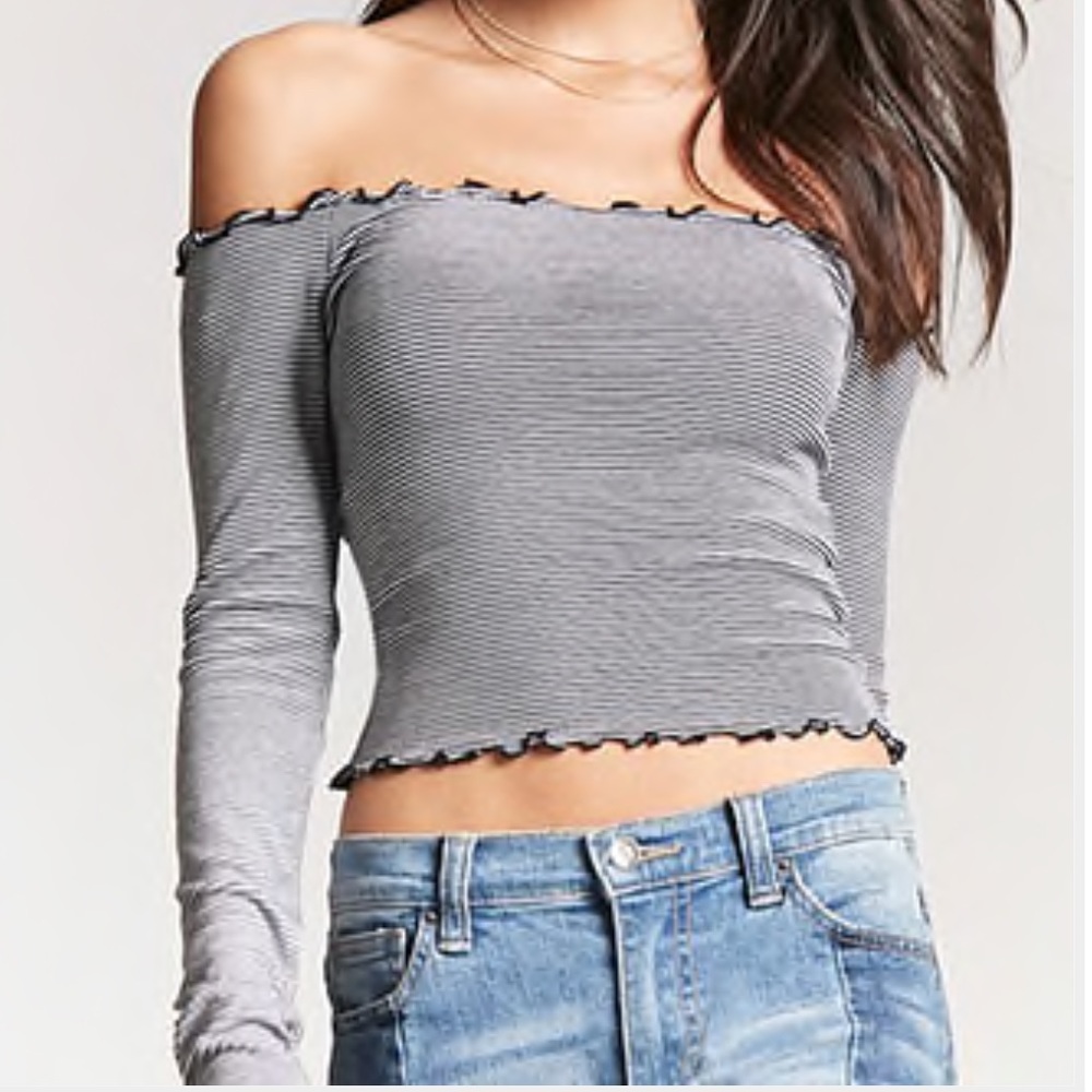 Striped Long Sleeve Off the Shoulder Crop Top